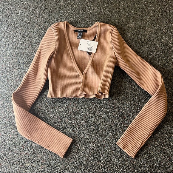 FOREVER21 NWT Beige Sparkly Ribbed Cropped Cardigan Knit Sweater Shrug Shirt S - Picture 7 of 16
